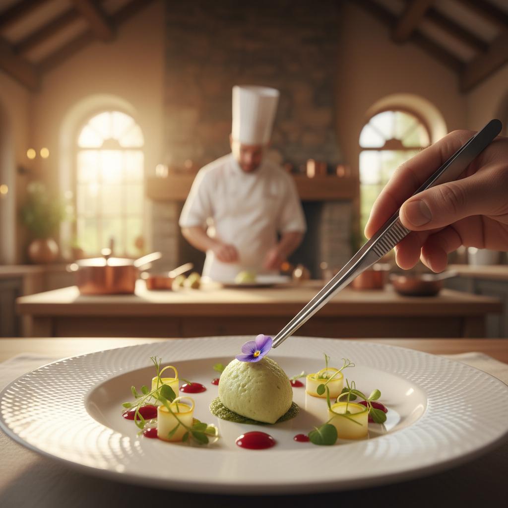 1080x1080 image of a chef plating a high end dish in a luxury cottage shot with a full frame sony camera and a low aperature lens in beautiful warm natural light. The shot should be macro focused on the plate with the chef using tweezers to place a small element of the dish