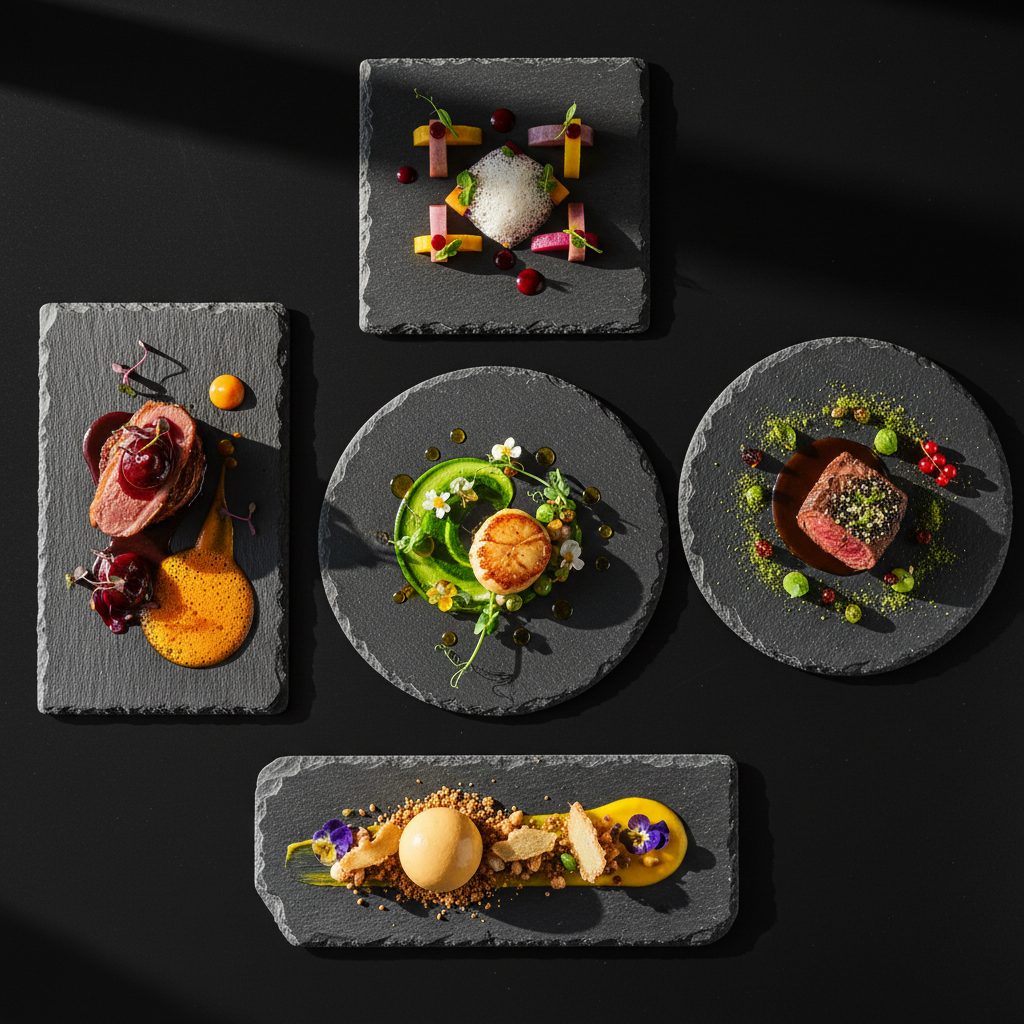 1080x1080 image taken top down showcasing 4-7 dishes plated in a michelen style with bright sauces, foams, etc. taken with a full frame sony camera and a low aperature lens in beautiful warm natural light. Use artistic plating and slate or stone plates on a black background