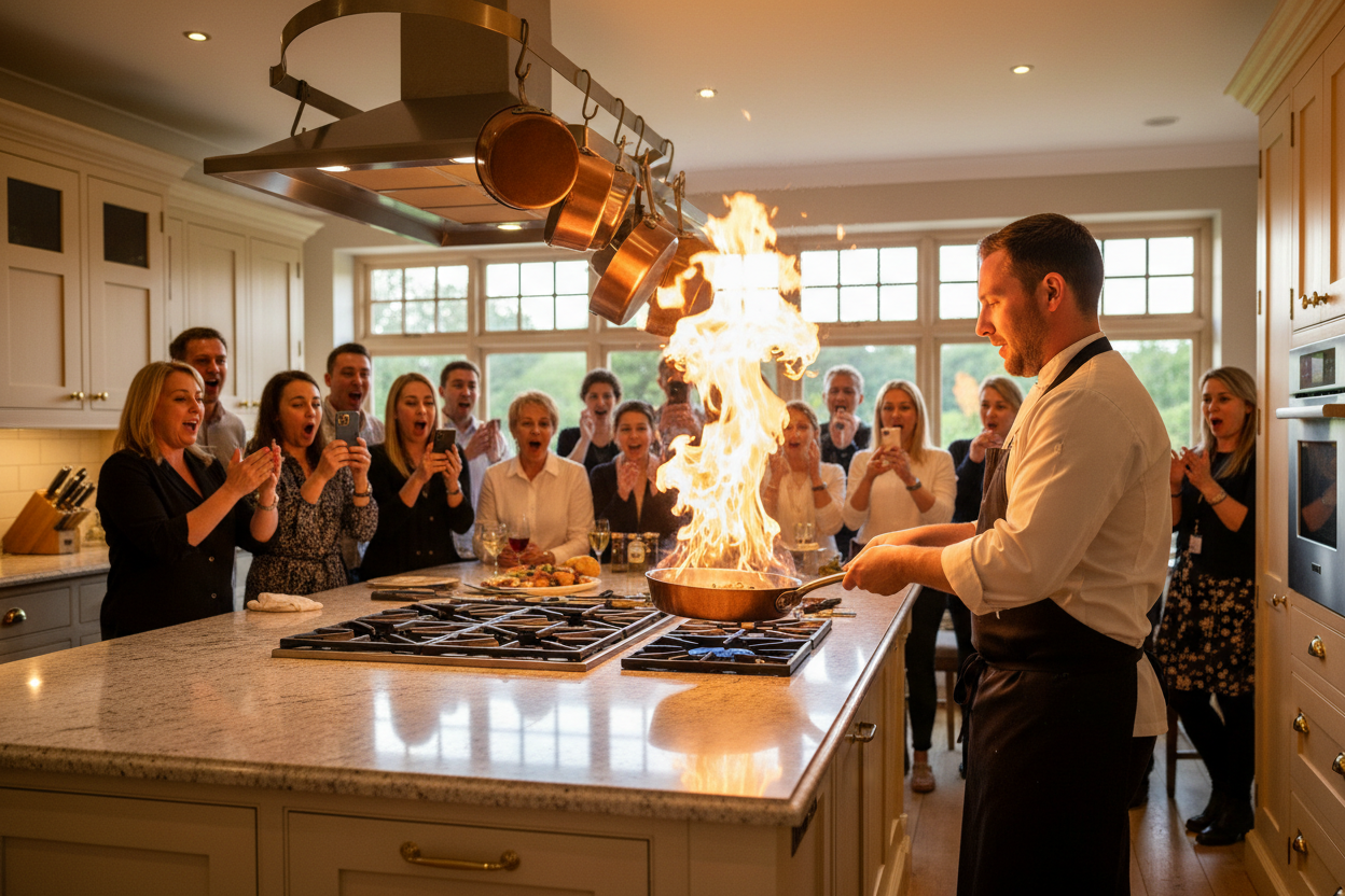 a chef demonstration in a luxury cottage for guests surrounding a kithcen island shot with a full frame sony camera and low aperature lens in natural lighting. Make the chef flambe'ing a dish in a pan with the crowd looking excited