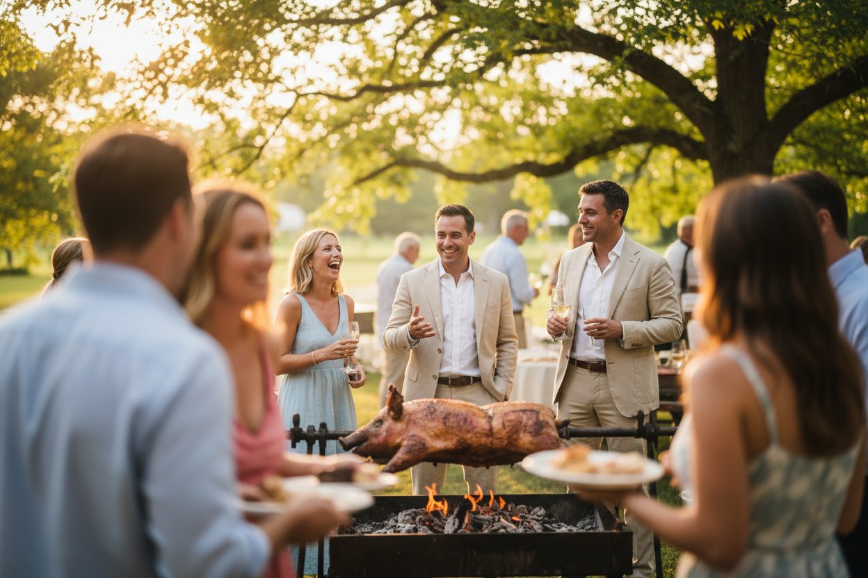 An outdoor pig roast with guests in business casual summer attire gathered and enjoying eachothers company shot with a full frame Sony camera and low aperture lens in natural lighting