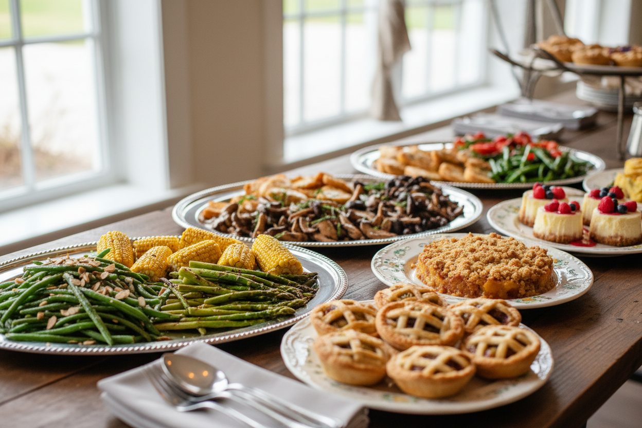 Assortment of luxuriously plated catering side dishes (green beans, sauteed mushrooms, corn on the cob, grilled asparagus) and desserts (mini fruit pies, peach crumble, mini cheesecakes), shot with a full frame Sony camera and low aperture lens in natural lighting