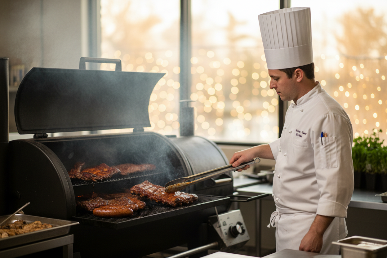 Chef in chef whites cooking BBQ on a large smoker shot with a full frame Sony camera and low aperture lens in natural lighting