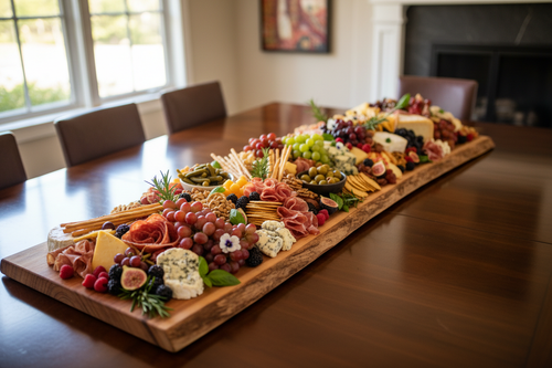 Image of a large sized charcuterie board on a roughly 2ft wide by 5ft long natural wood edged board on a dining room table shot with a sony camera in natural lighting and a fast aperature lens